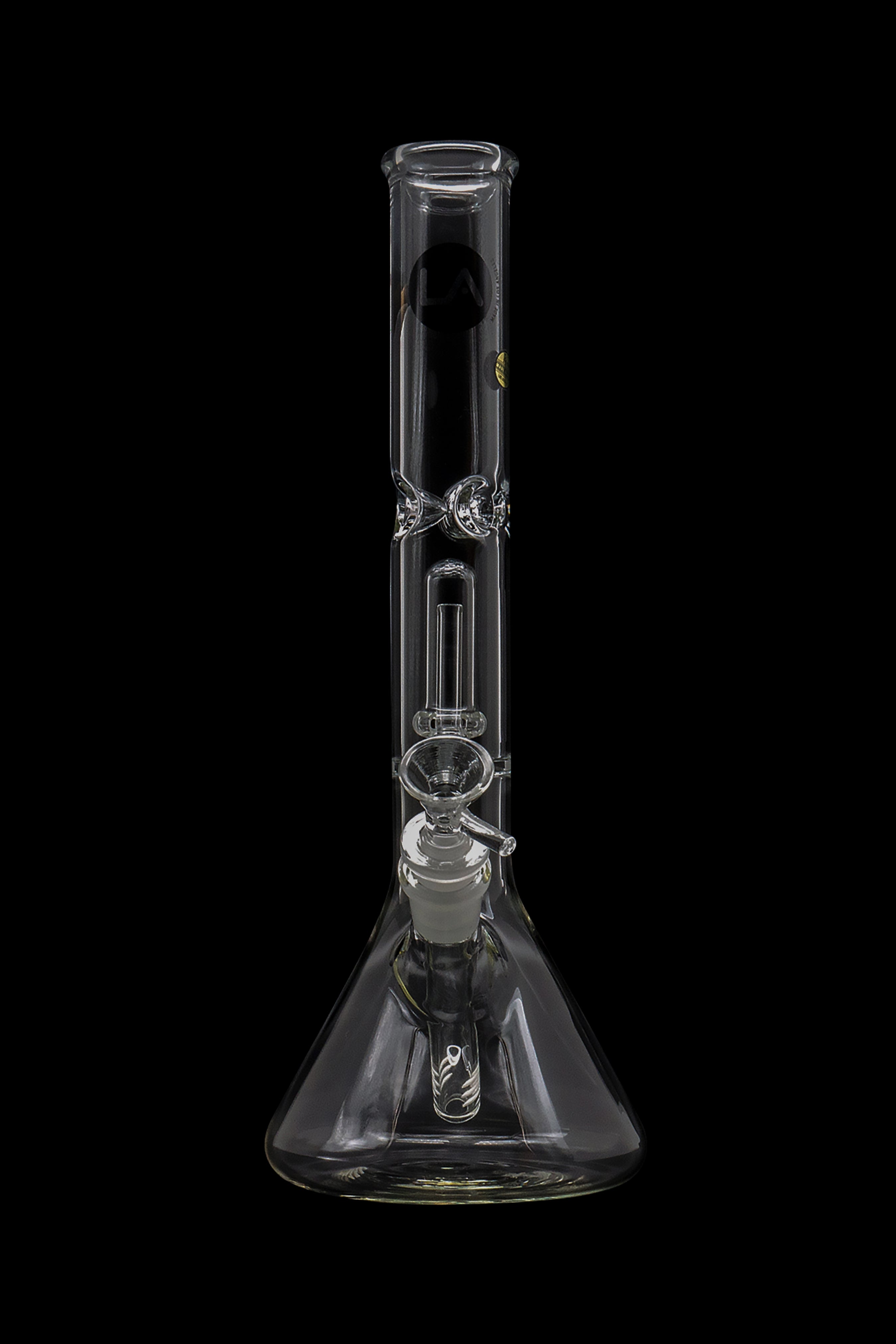 Clear glass bong with intricate percolators, isolated on a black background.