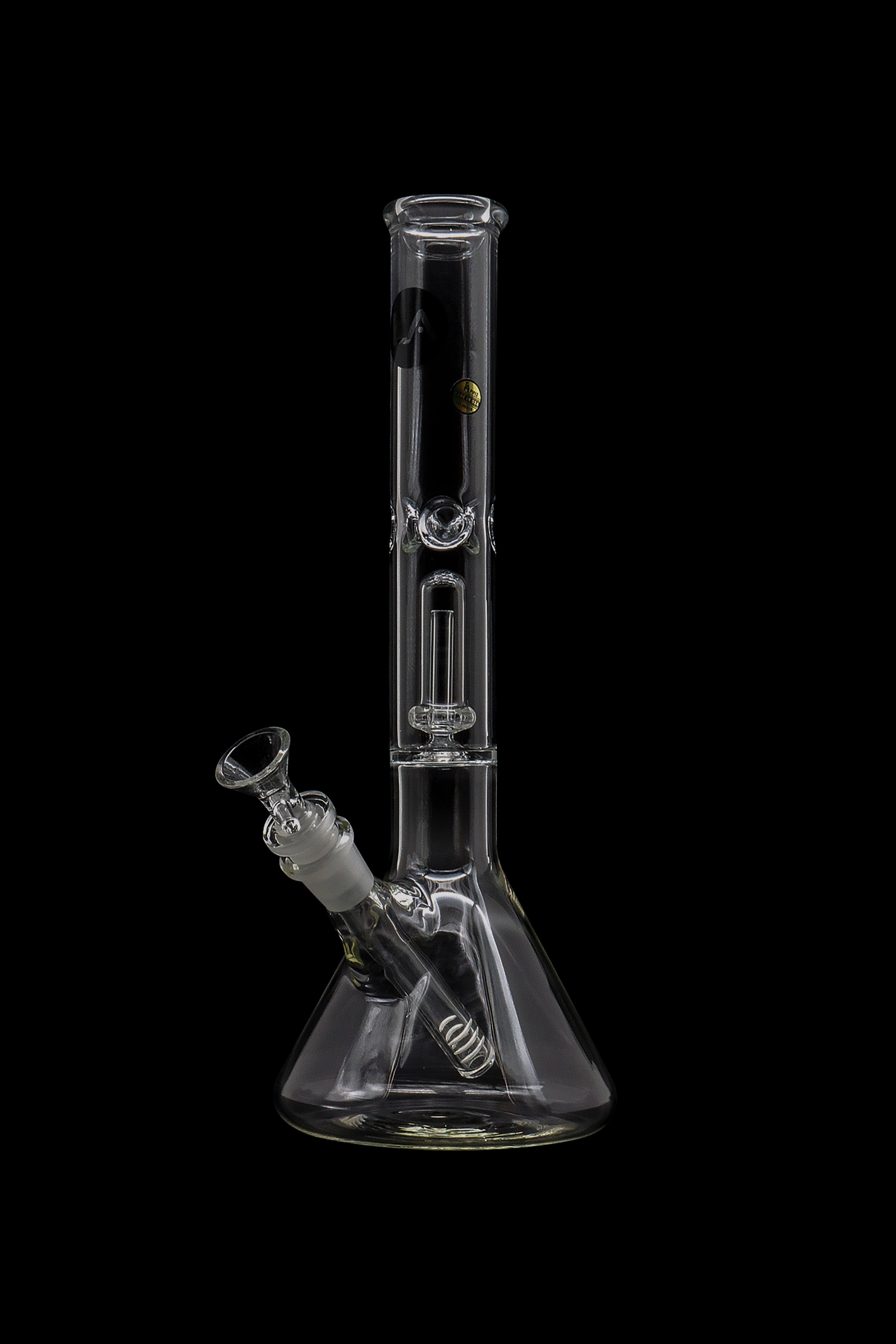 Glass bong with ice catcher, studio shot on black background.