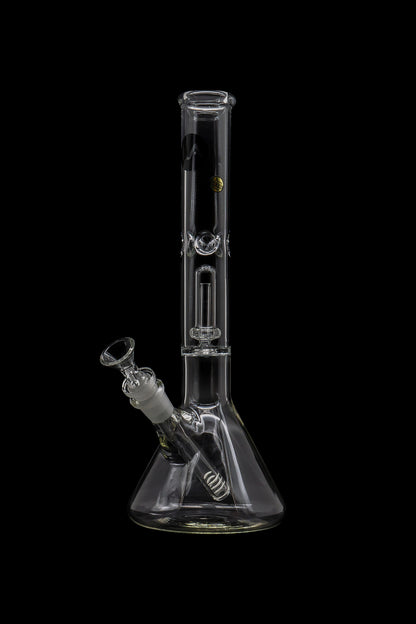 Glass bong with ice catcher, studio shot on black background.