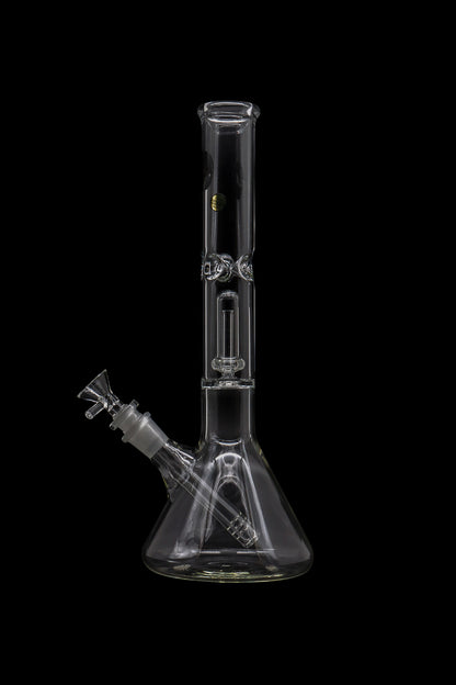 Clear glass bong with intricate percolators, isolated on a black background.