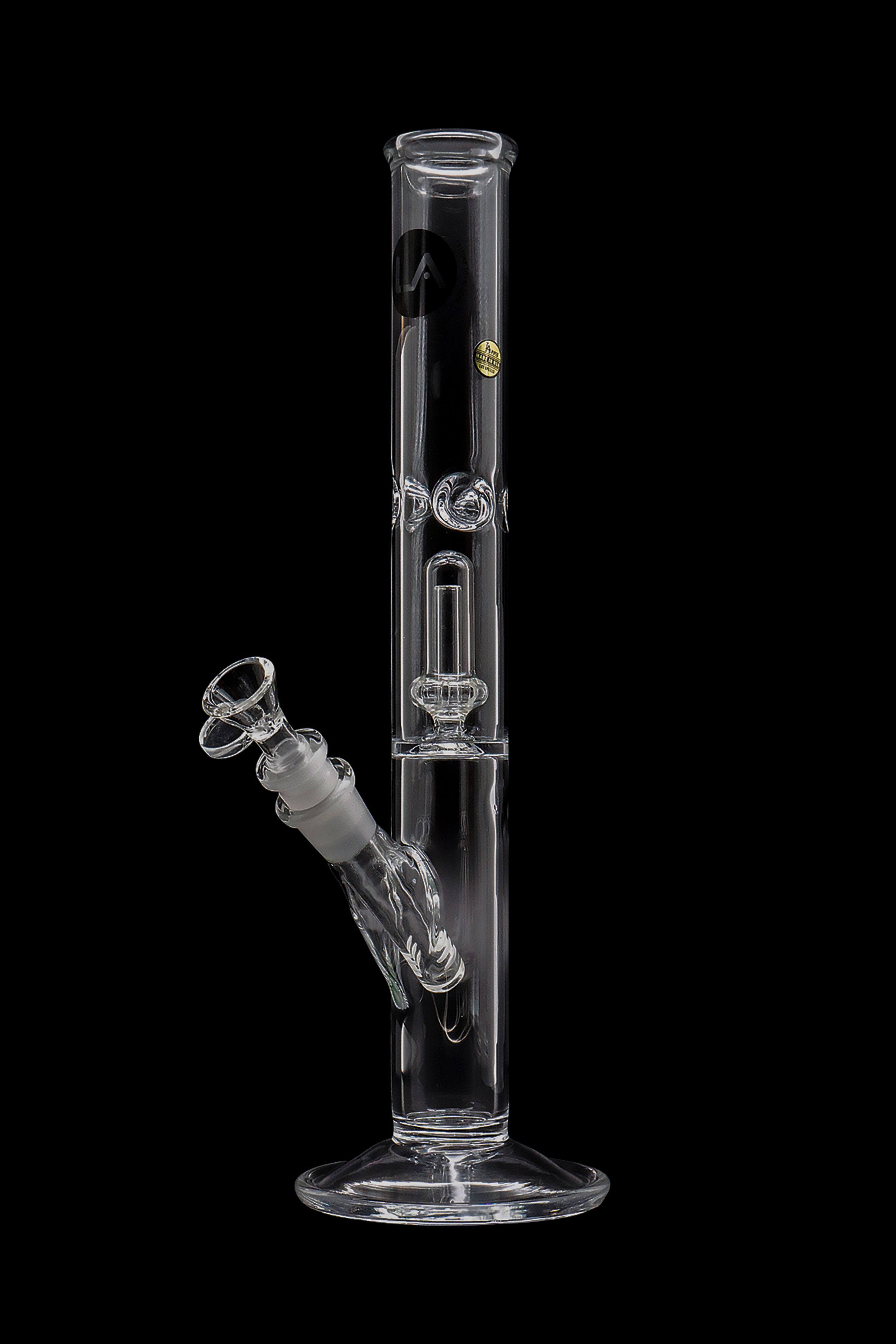 Clear glass water pipe (bong) with ice catcher and removable downstem against a black background.