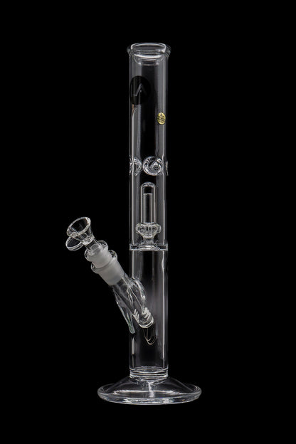 Clear glass water pipe (bong) with ice catcher and removable downstem against a black background.