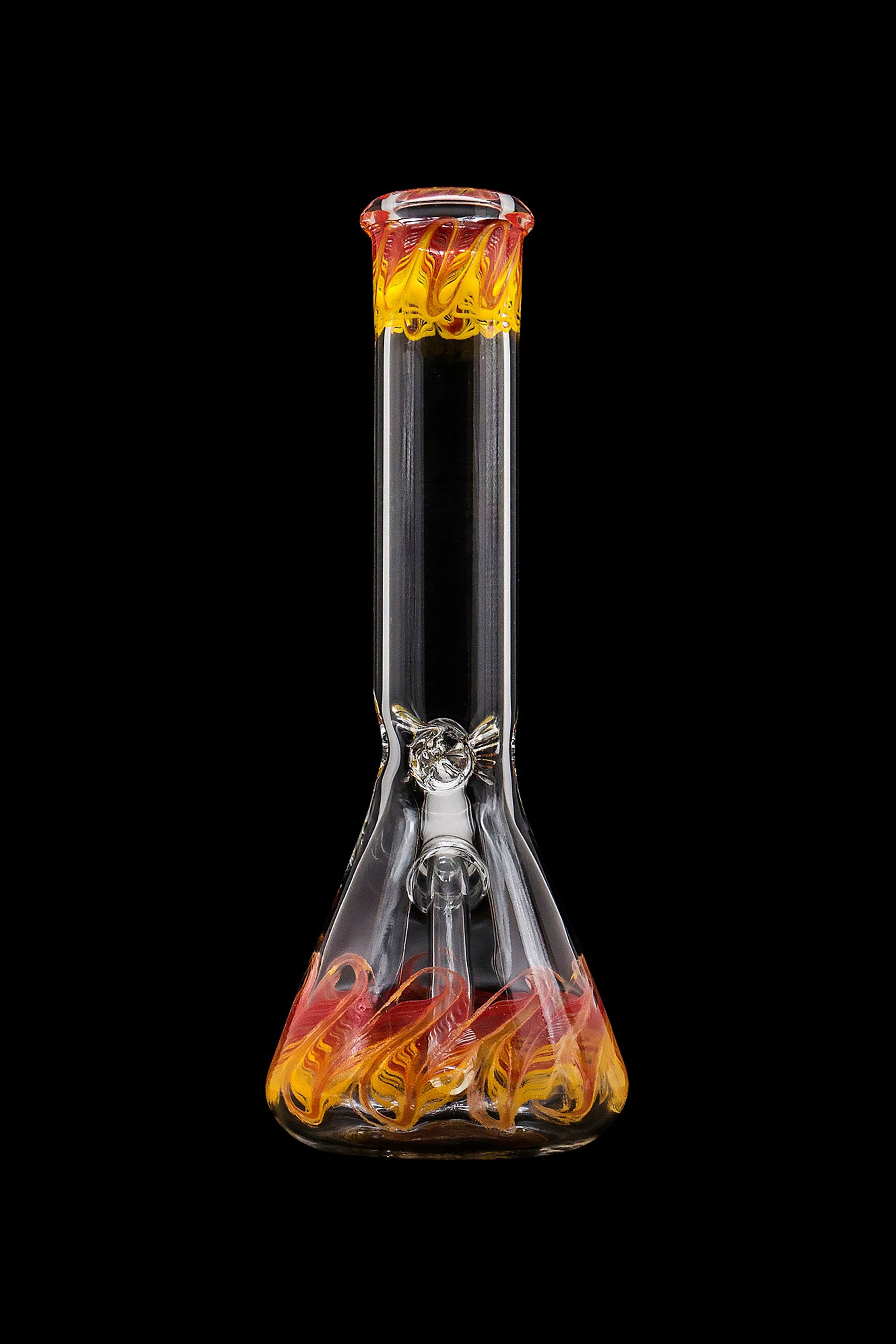 Glass bong with orange and yellow flame-like swirls.