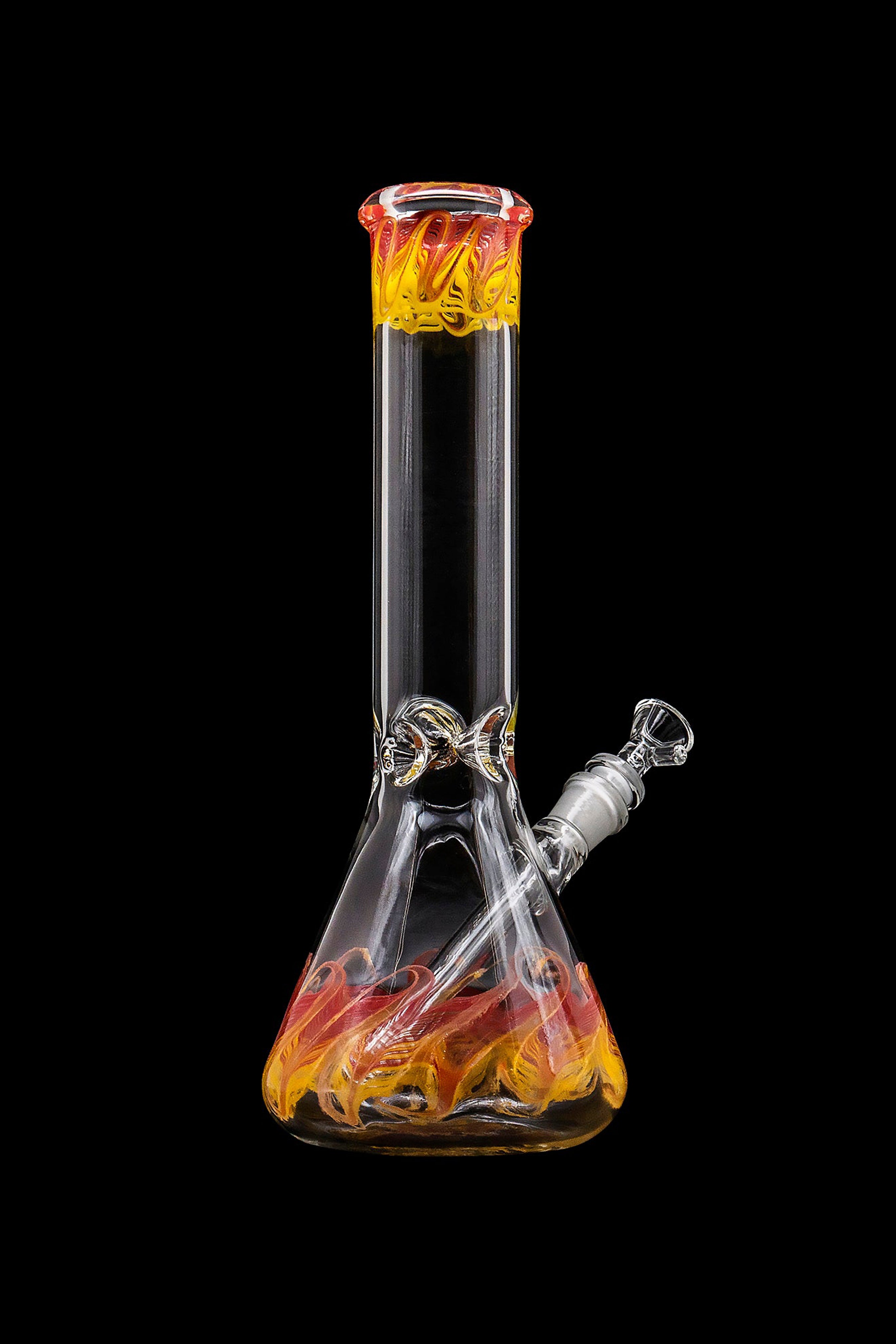 Glass bong with orange and yellow swirls against a black background.
