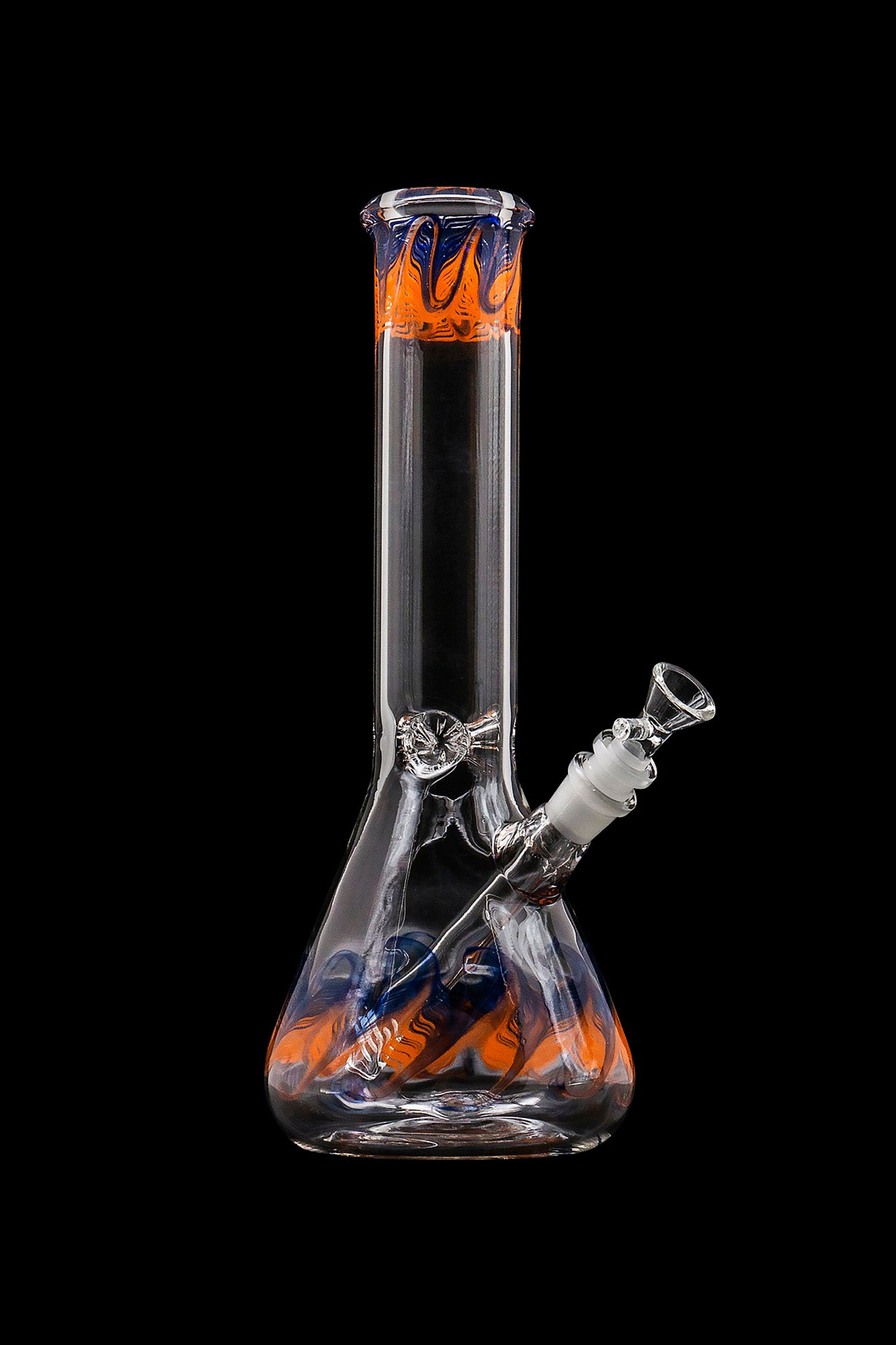 Glass water pipe (bong) with orange and blue accents against a black background.