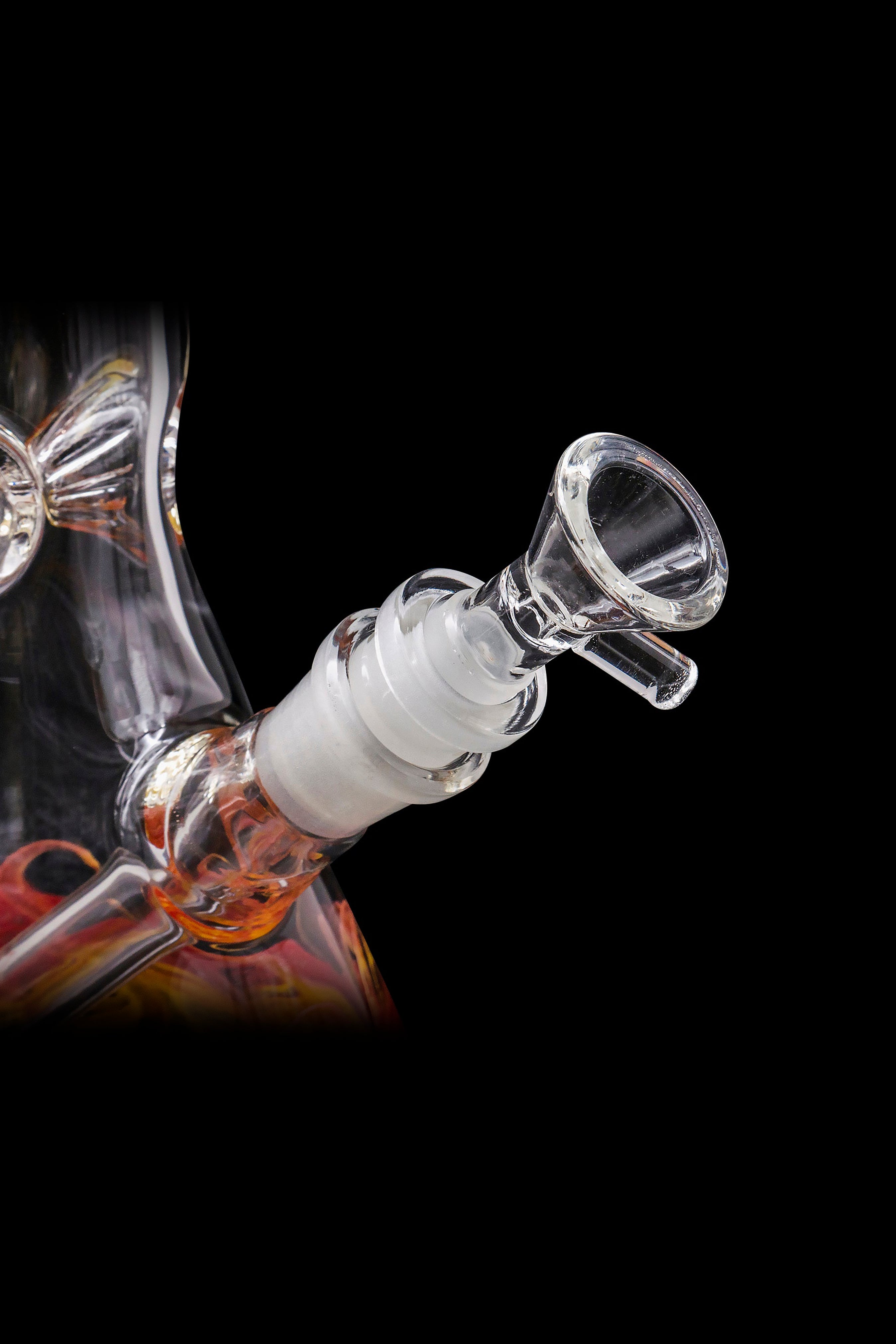 Clear glass bong with orange accents and a detachable bowl piece.