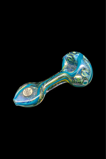 Blue glass smoking pipe with colorful swirls and a metal tag.