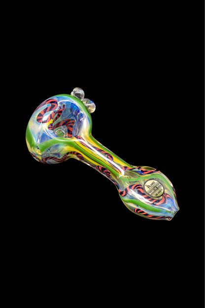 Hand-blown glass pipe with colorful swirls and patterns.