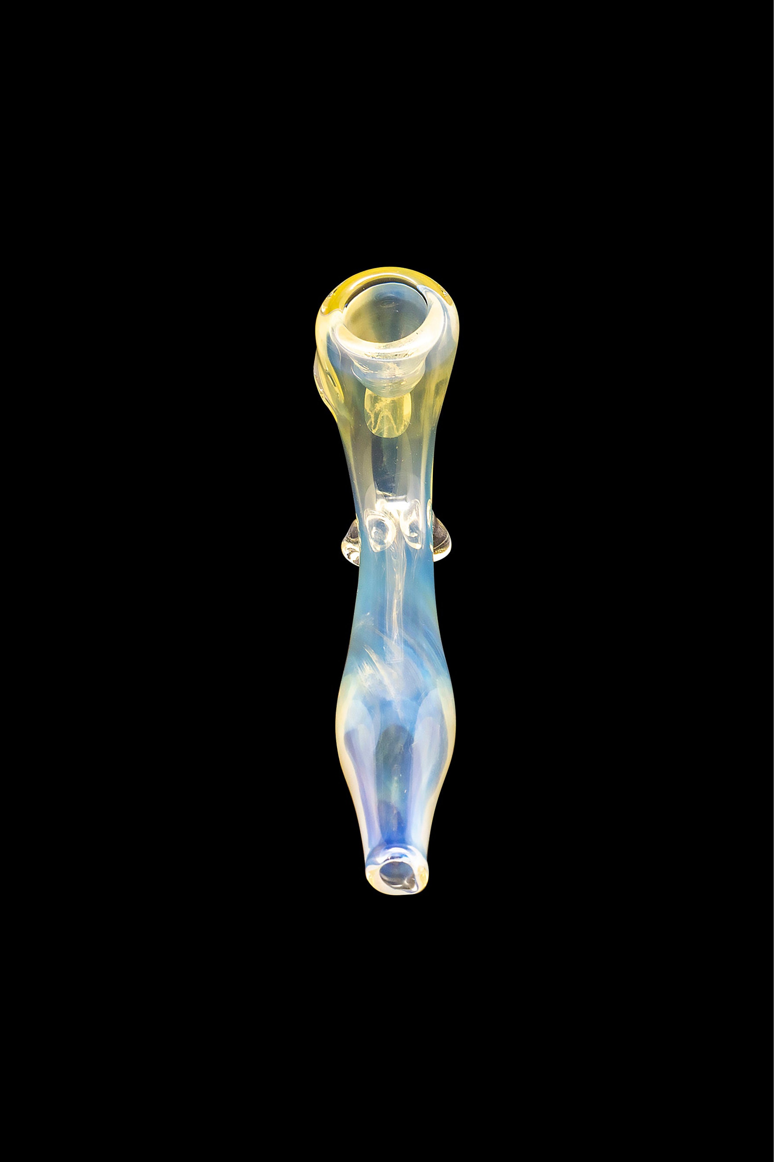 Glass pipe with blue and yellow swirls, isolated on a black background.