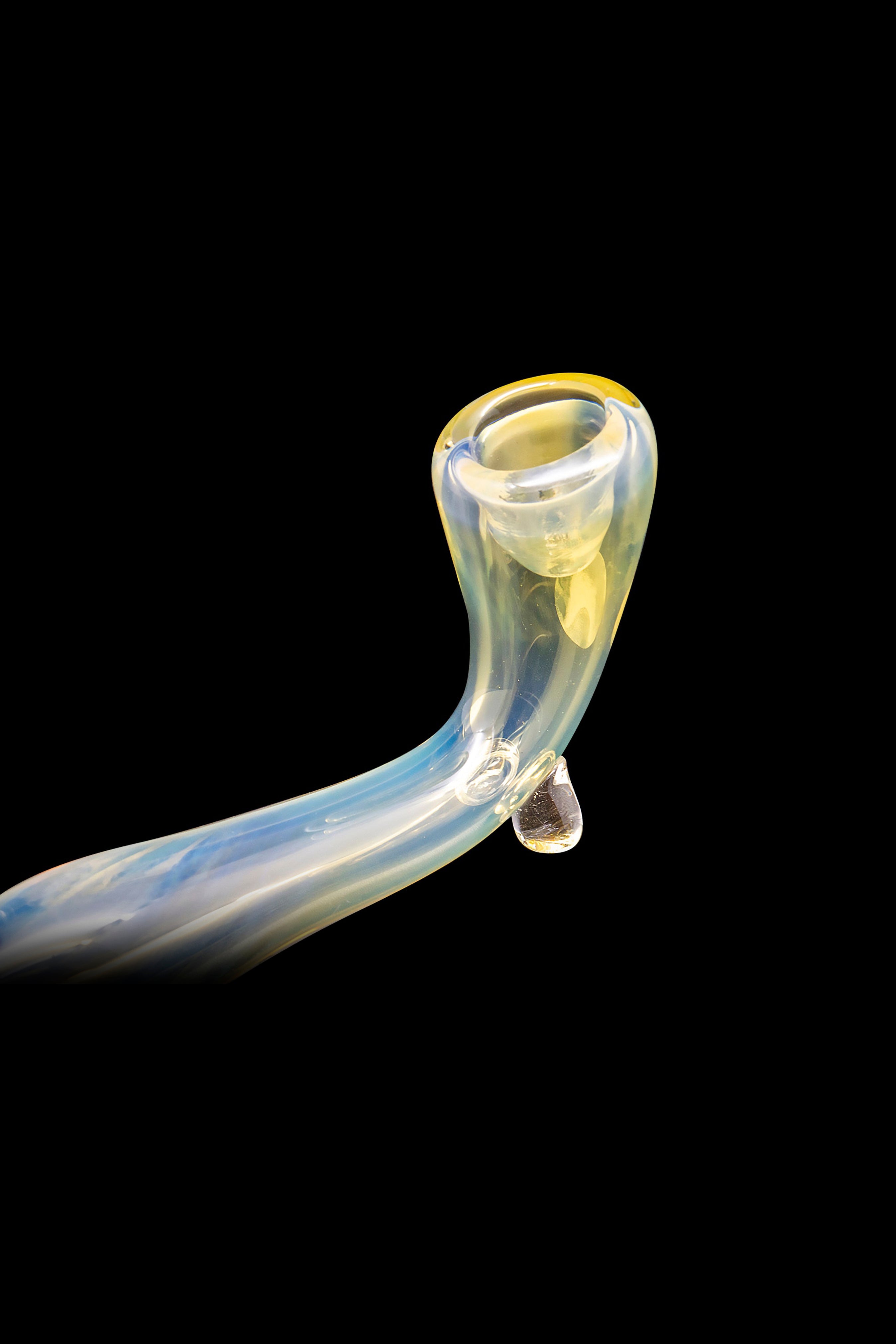 Glass cannabis pipe with blue and yellow swirls against a black background.
