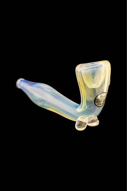 Iridescent glass cannabis pipe on a black background.