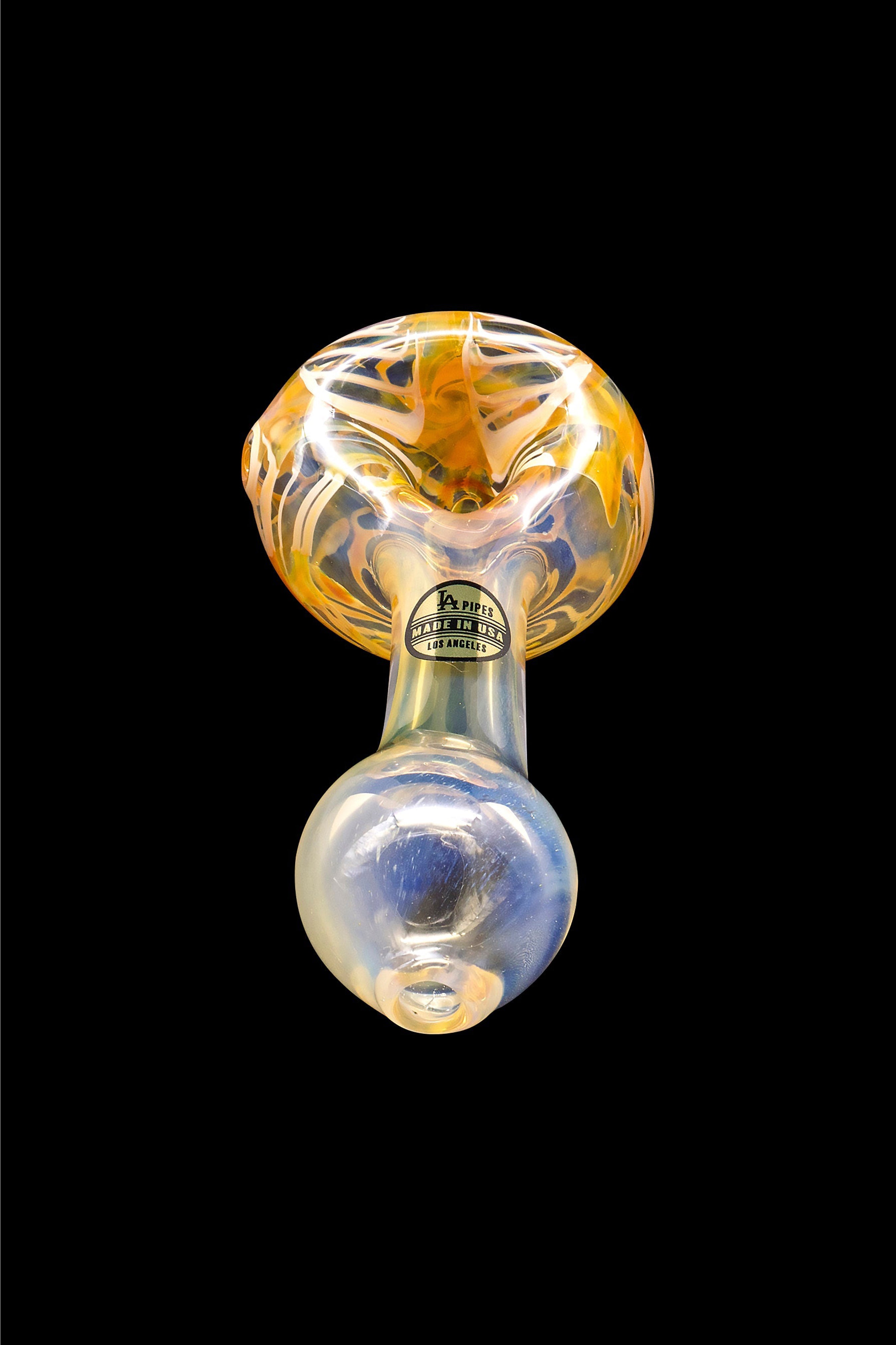 Hand-blown glass bubbler with swirling orange and blue patterns, labeled “Made in USA Los Angeles.”