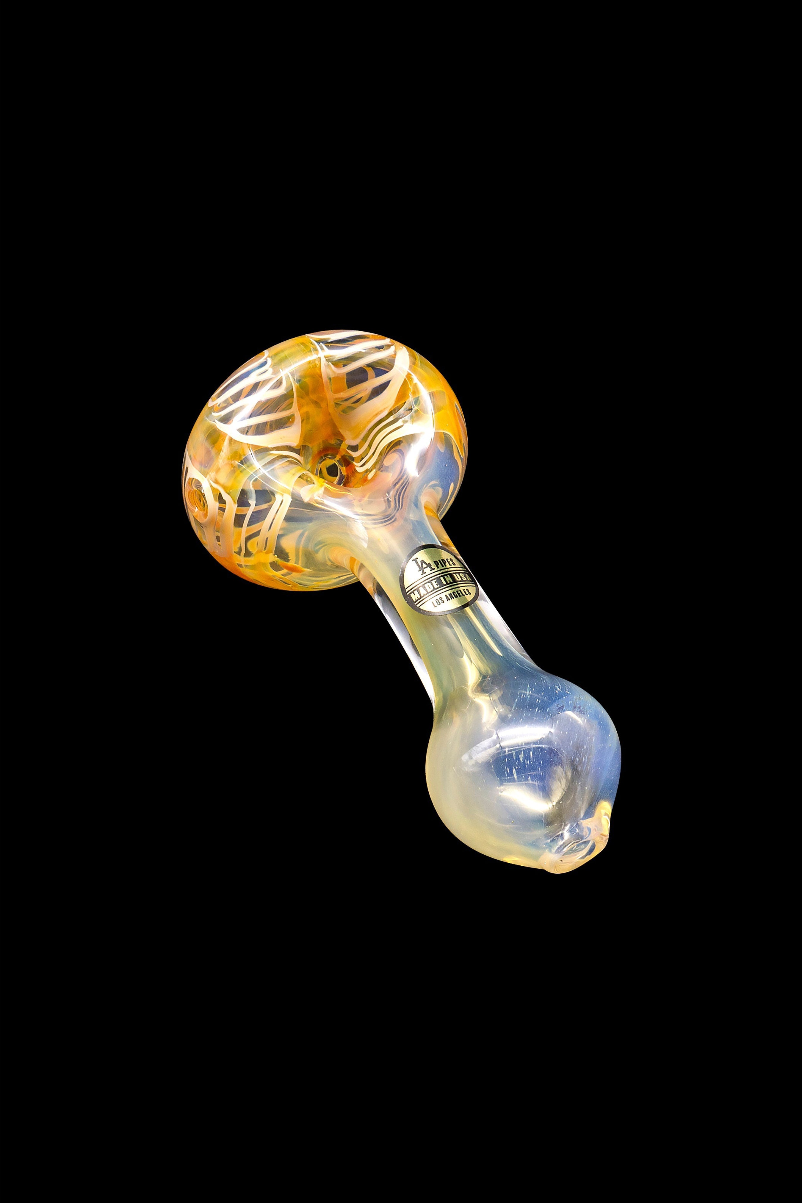 Hand pipe with colorful glass swirls and gold accents.