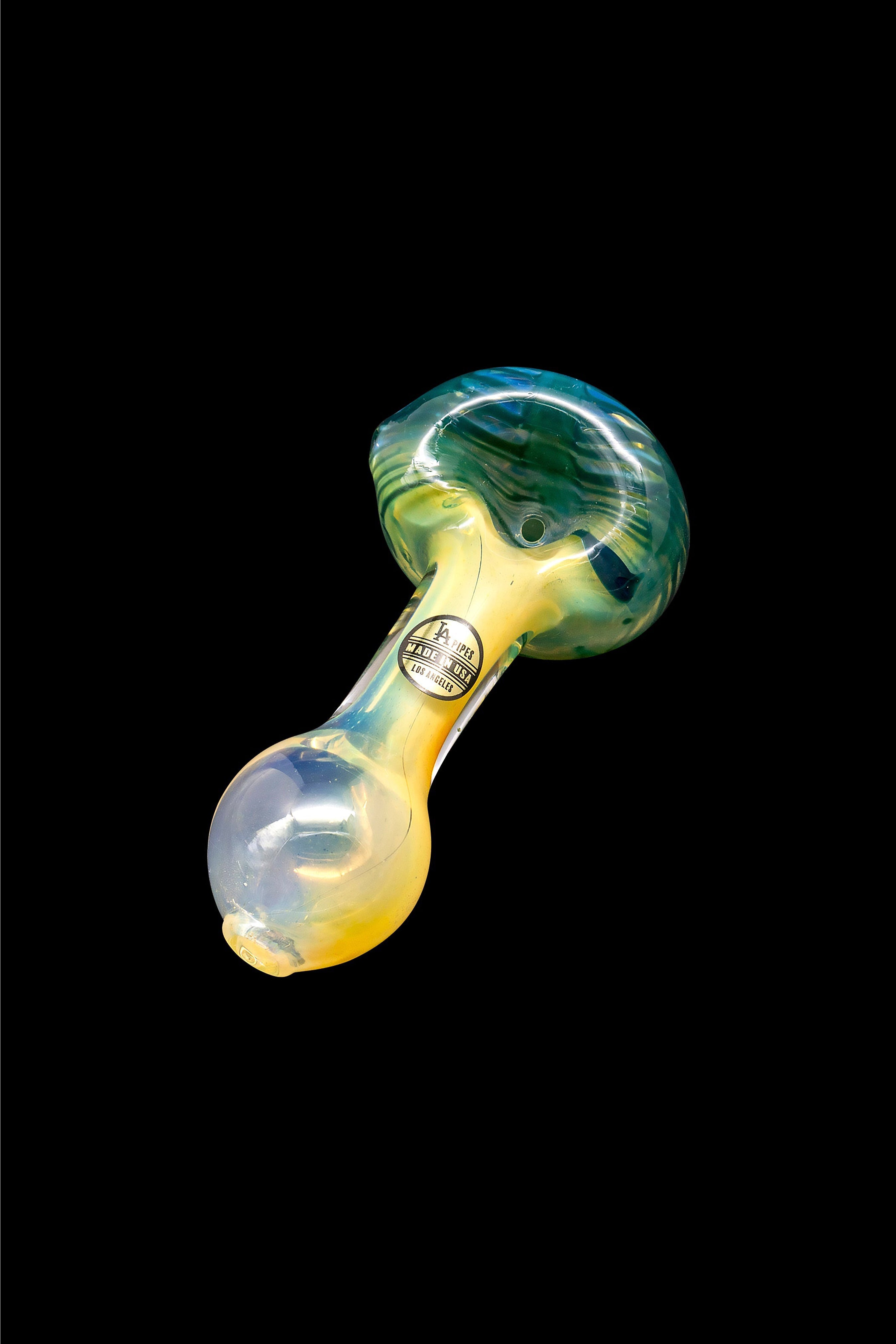 Glass pipe with swirling iridescent colors against a black background.