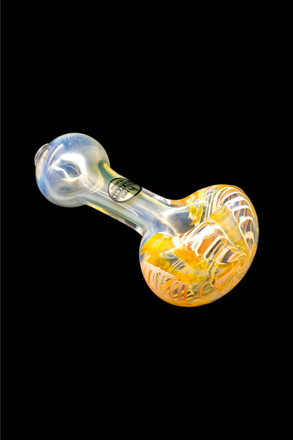 Iridescent glass oil rig with orange and yellow accents.