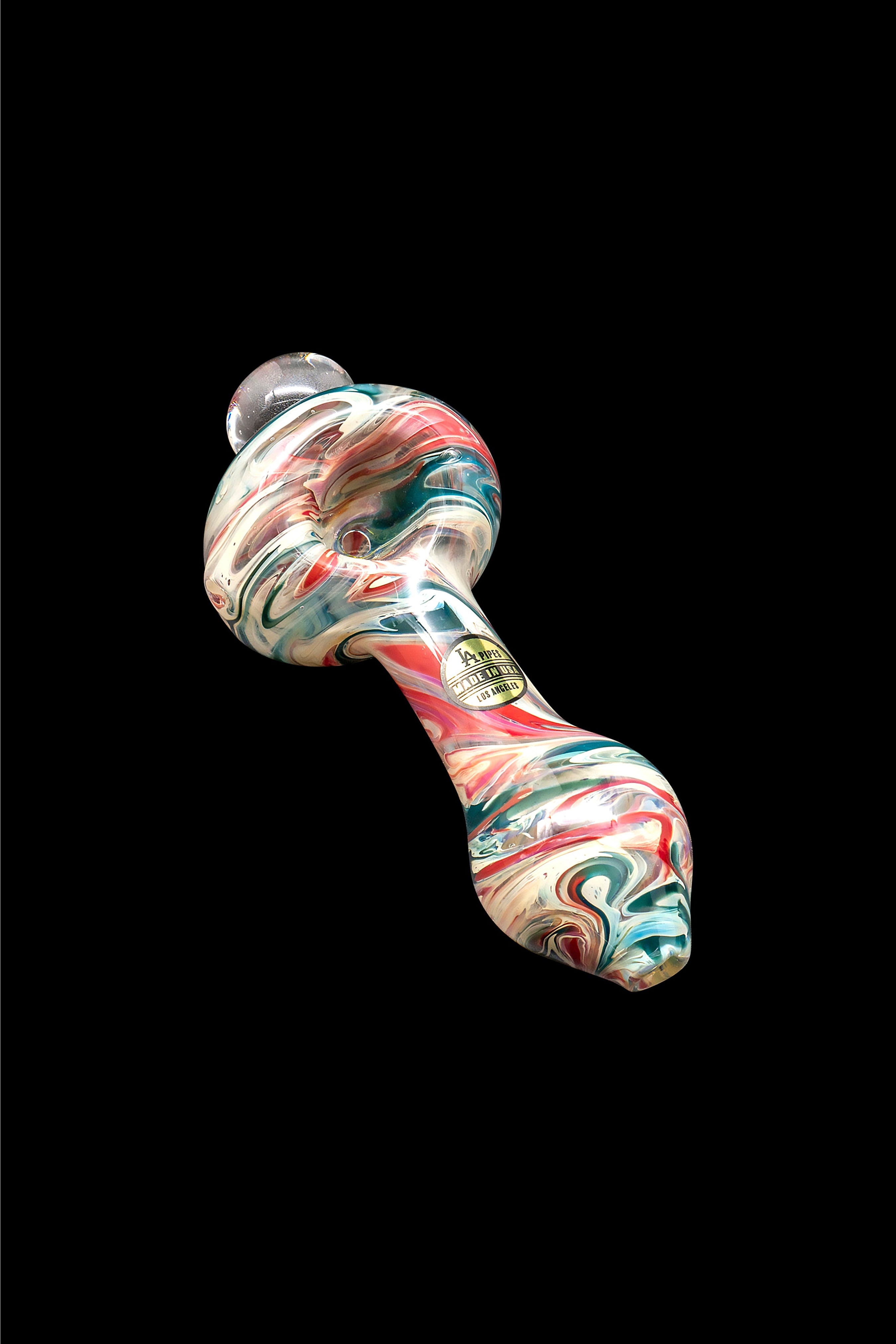Colorful glass cannabis pipe against a black background.
