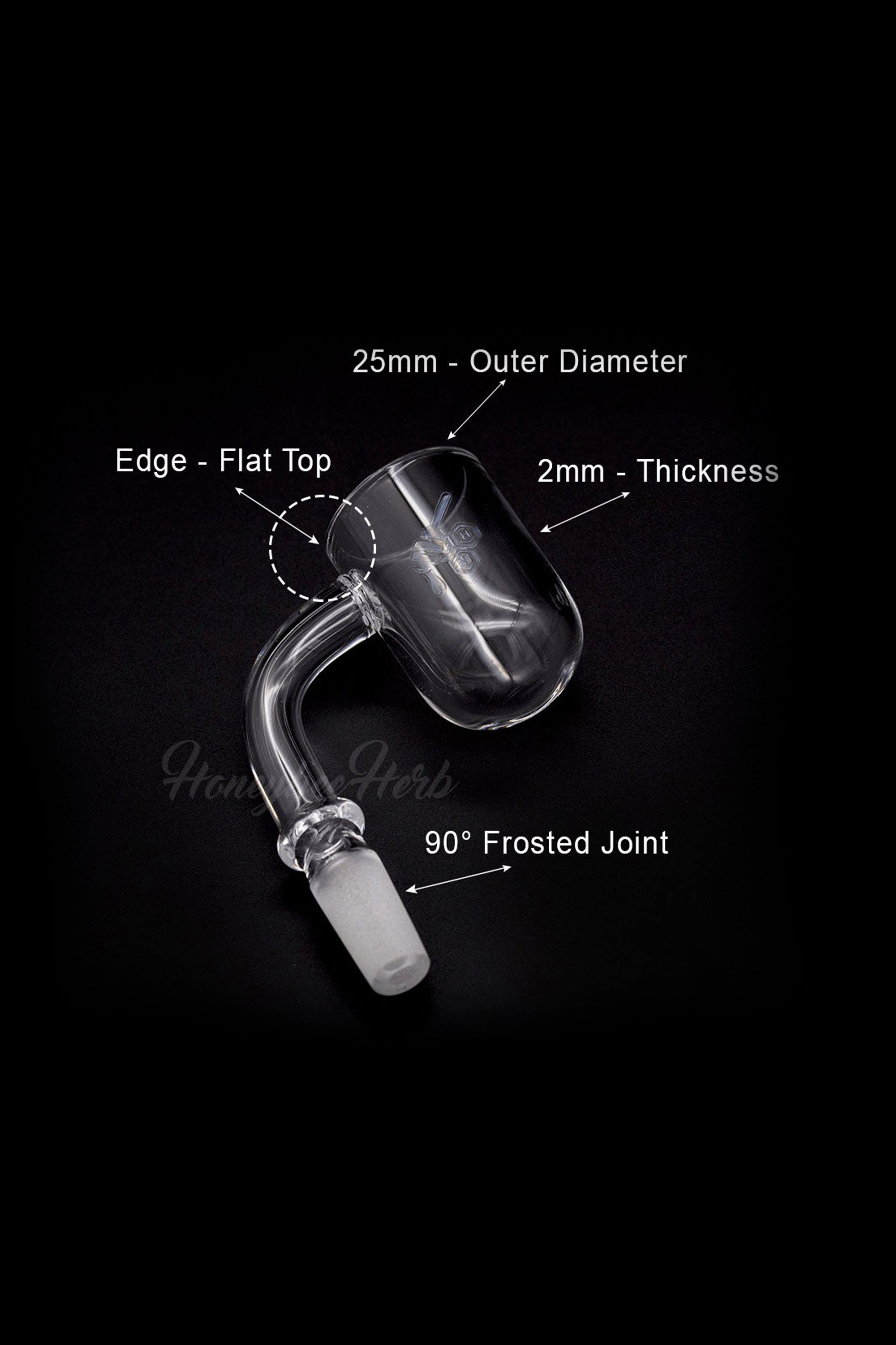A glass pipe with measurements labeled, showcasing a 90° frosted joint, 25mm outer diameter, and 2mm thickness, set against a black background.