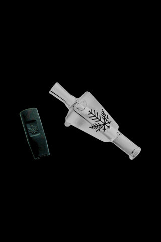 Glass bubbler with snowflake design and cannabis lighter on black background.