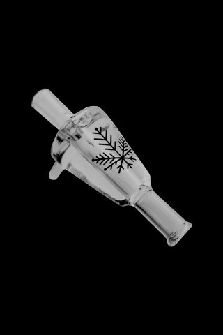Glass bubbler with snowflake etching, angled view against a black background.
