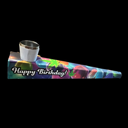 Angled side view of The Dispoze-a-Bowl® "HAPPY BIRTHDAY" Party Favors 25-Pack cone with colorful balloons and cup on a black background
