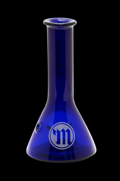 Blue glass beaker with a circular logo.