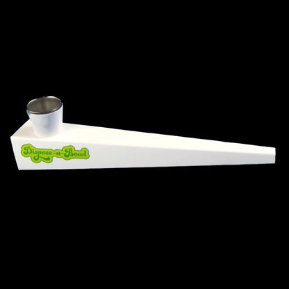 Angled side view of the white The Dispoze-a-Bowl® 25 Pack: Fresh, Clean, & Convenient Smoking Pipes with Stainless Steel Bowl showing its tapered body, metal bowl, and green logo on a black background.