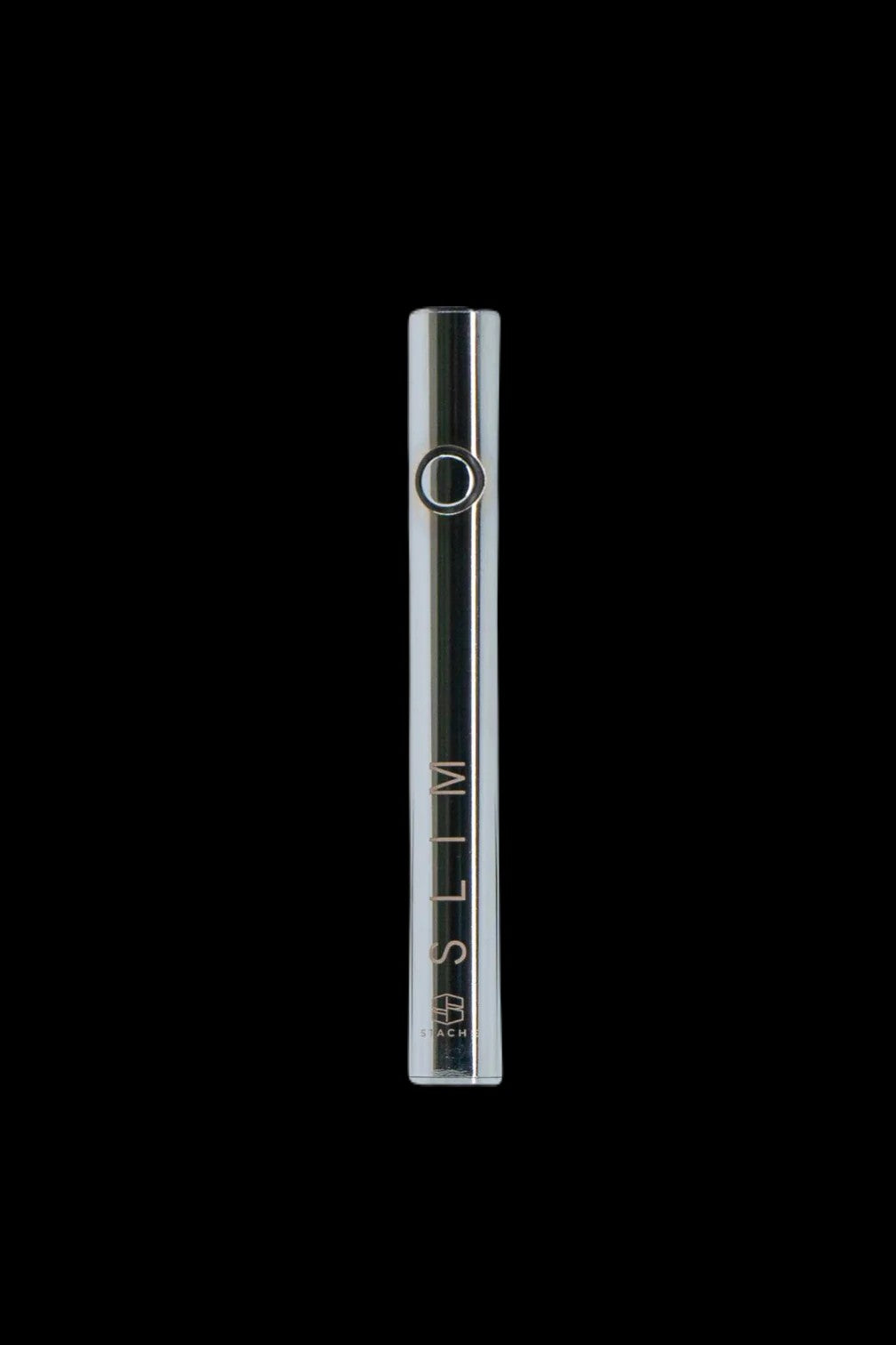 Sleek, silver cannabis oil vape pen against a black background.