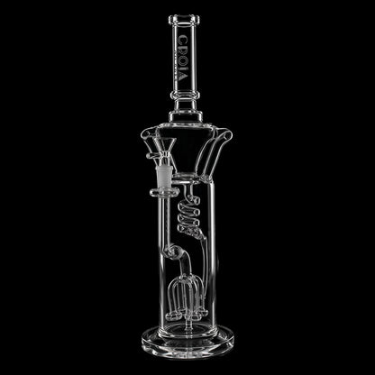 Centered studio shot of the Croia Glass 15" Scientific Glass Bong with Tree Perc & Spiral Cooling showing its clear vertical tube, spiral percolator and flared mouthpiece against a black background