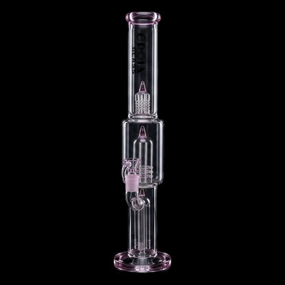 Straight-on studio view of the Croia Glass 16" Triple Rocket-Perc Scientific Glass Bong | Croia Glass showing the tall clear tube with pink accents, triple percolators and black logo against a black background