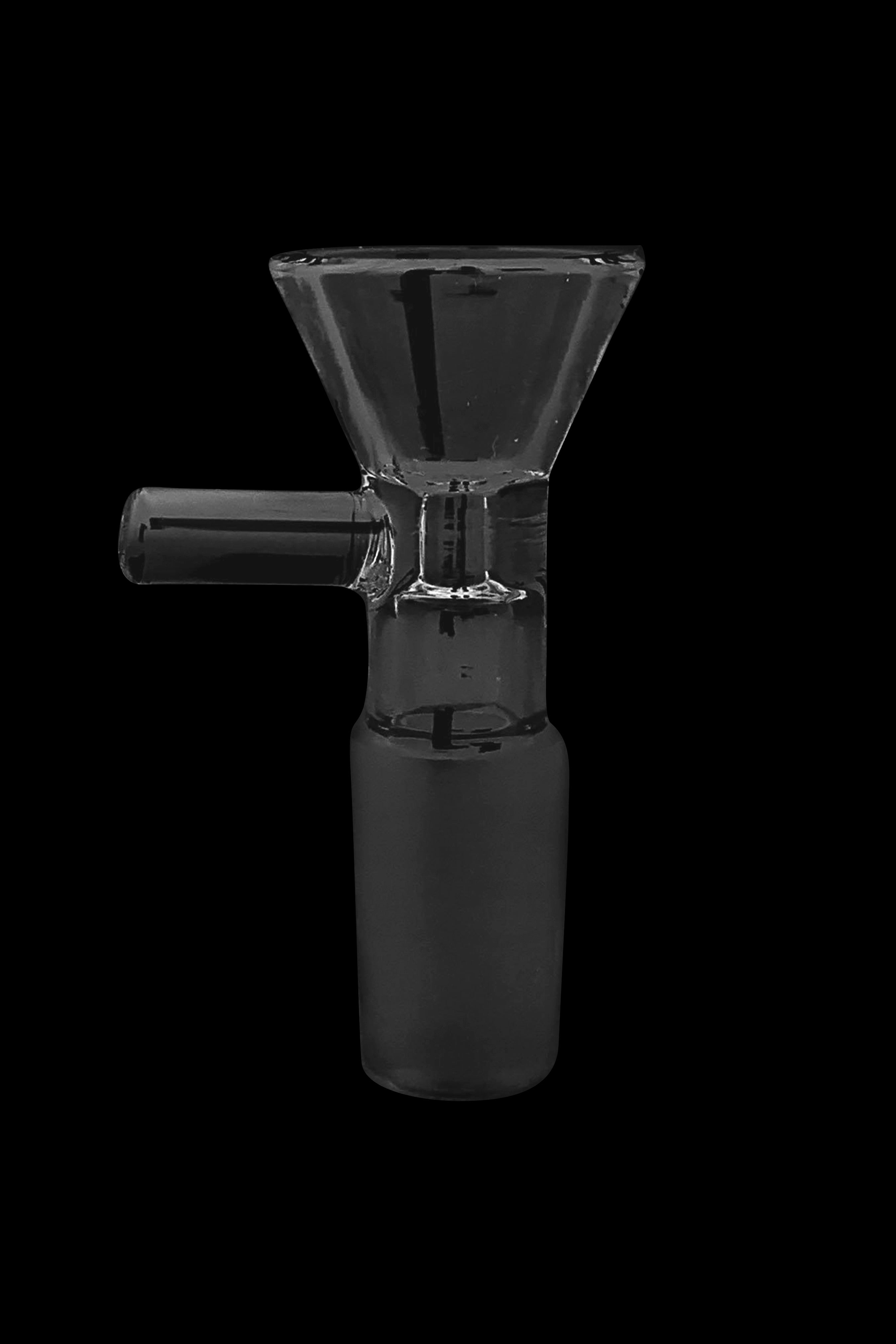 Clear glass cannabis bowl with a flared shape and side carb hole, isolated on a black background.