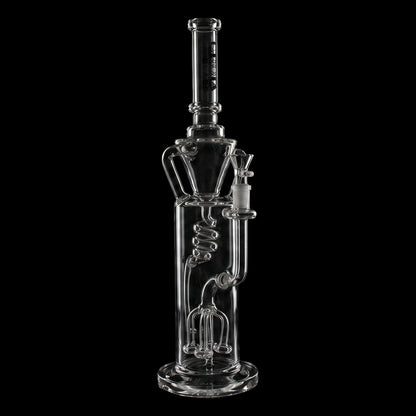 Vertical, front-lit view of the clear Croia Glass 15" Scientific Glass Bong with Tree Perc & Spiral Cooling showcasing its spiral coil and multi-arm tree percolator against a black background