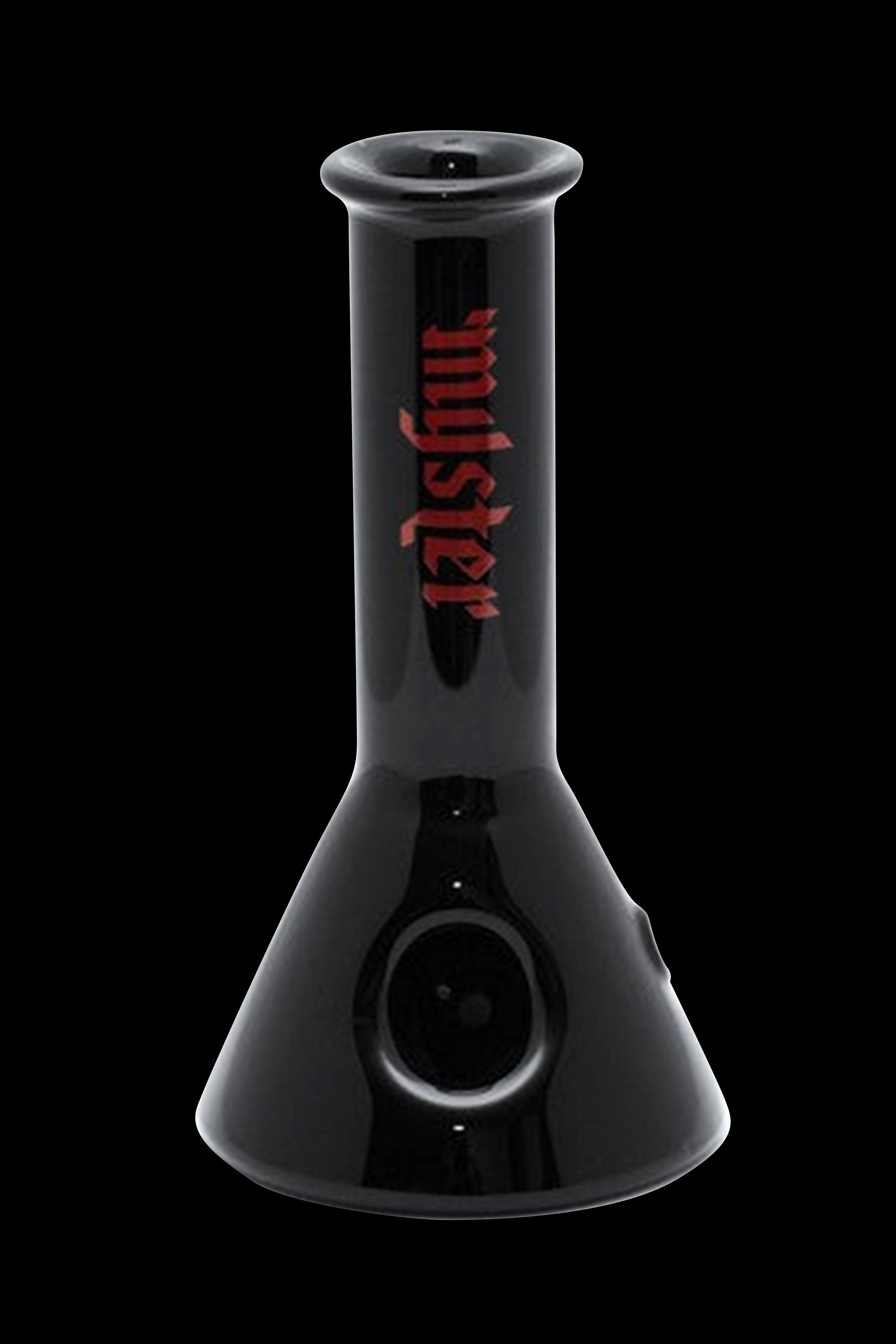 Black glass beaker bong with red “myster” text.