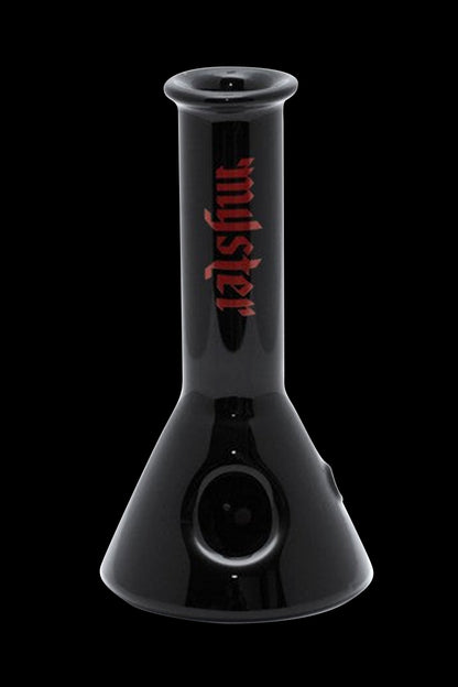 Black glass beaker bong with red “myster” text.