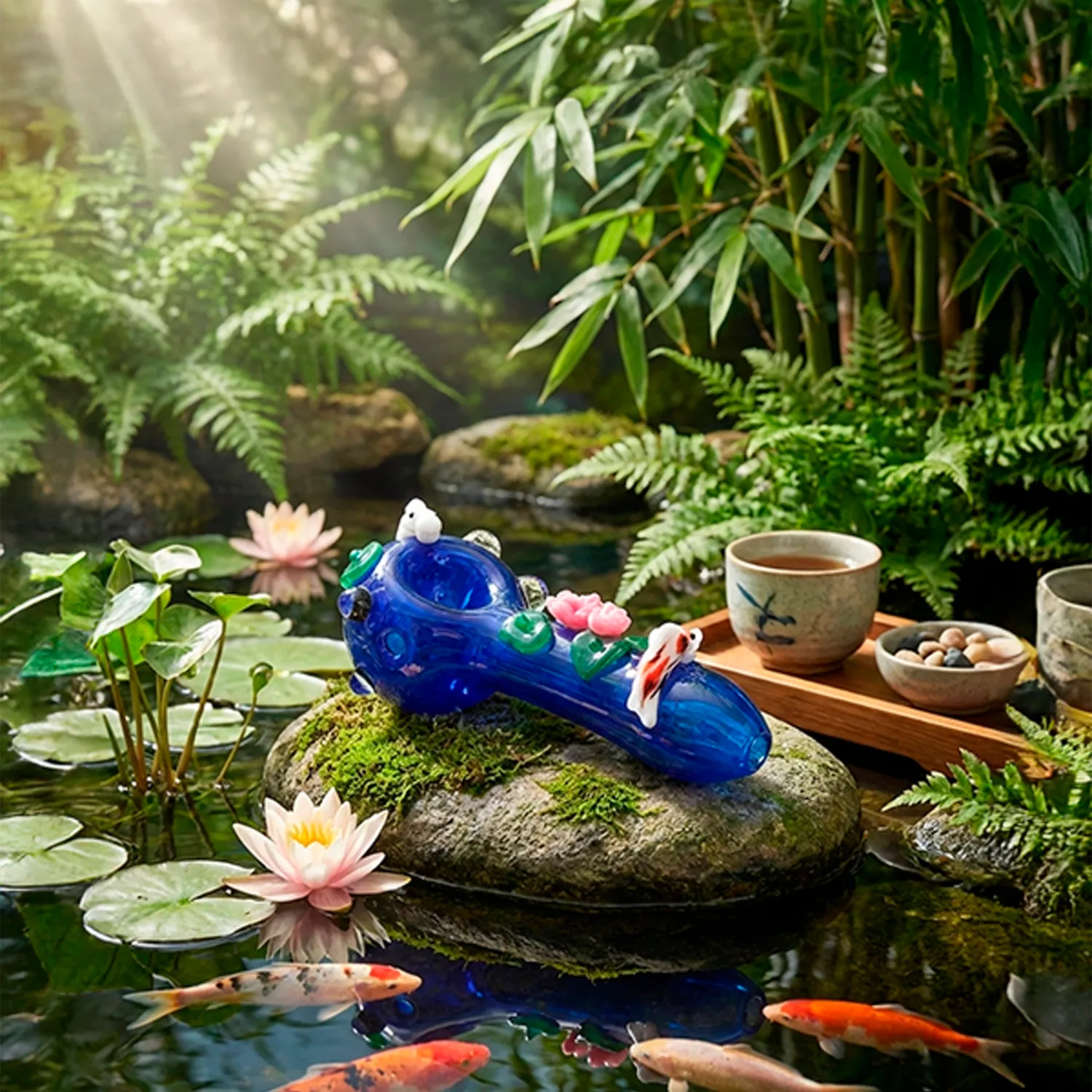 Low-angle view of the Empire Glassworks "Koi Pond" Spoon Pipe resting on a mossy rock beside koi, lily pads, and tea.