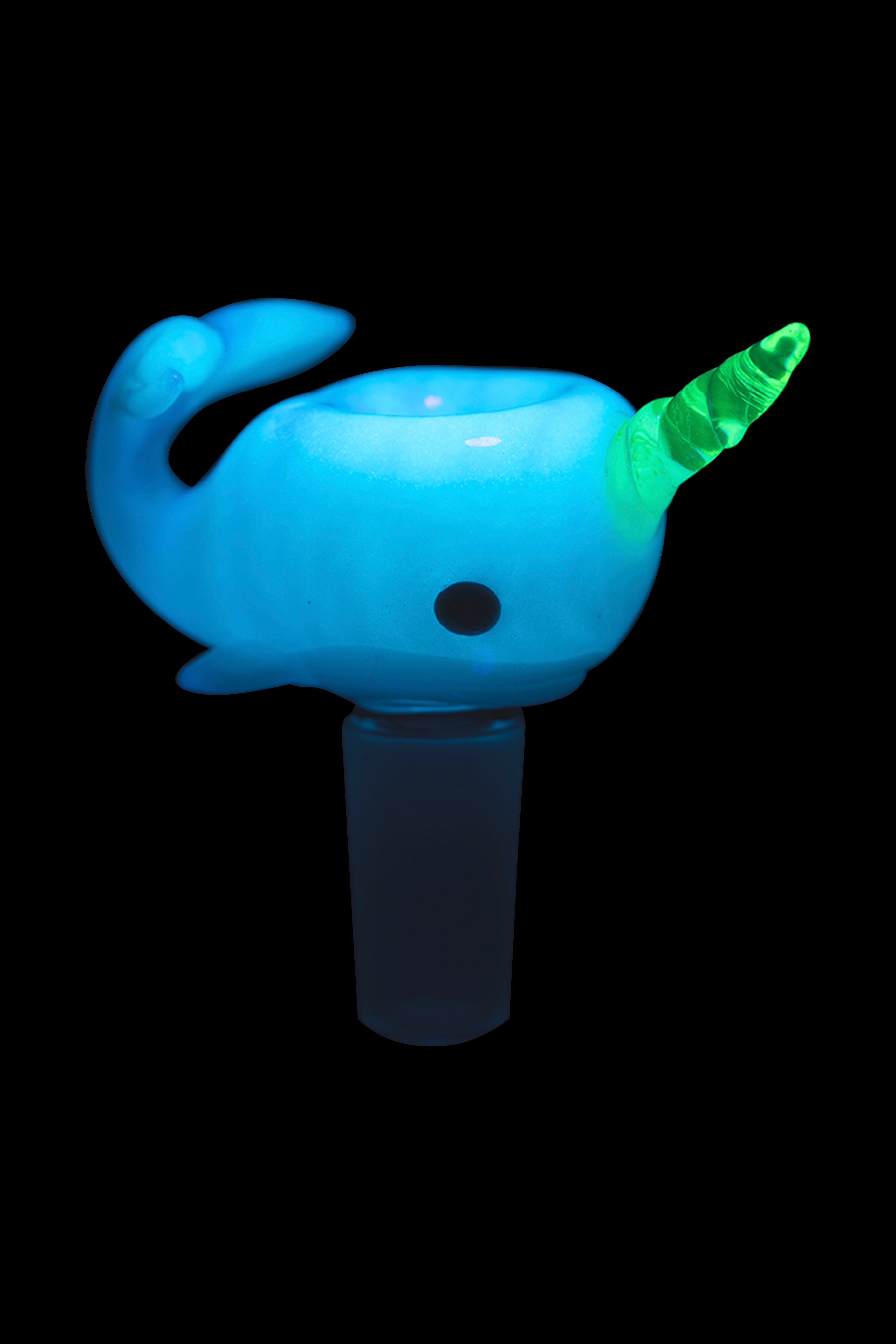 Blue glass bong shaped like a whale with a green spiral horn.