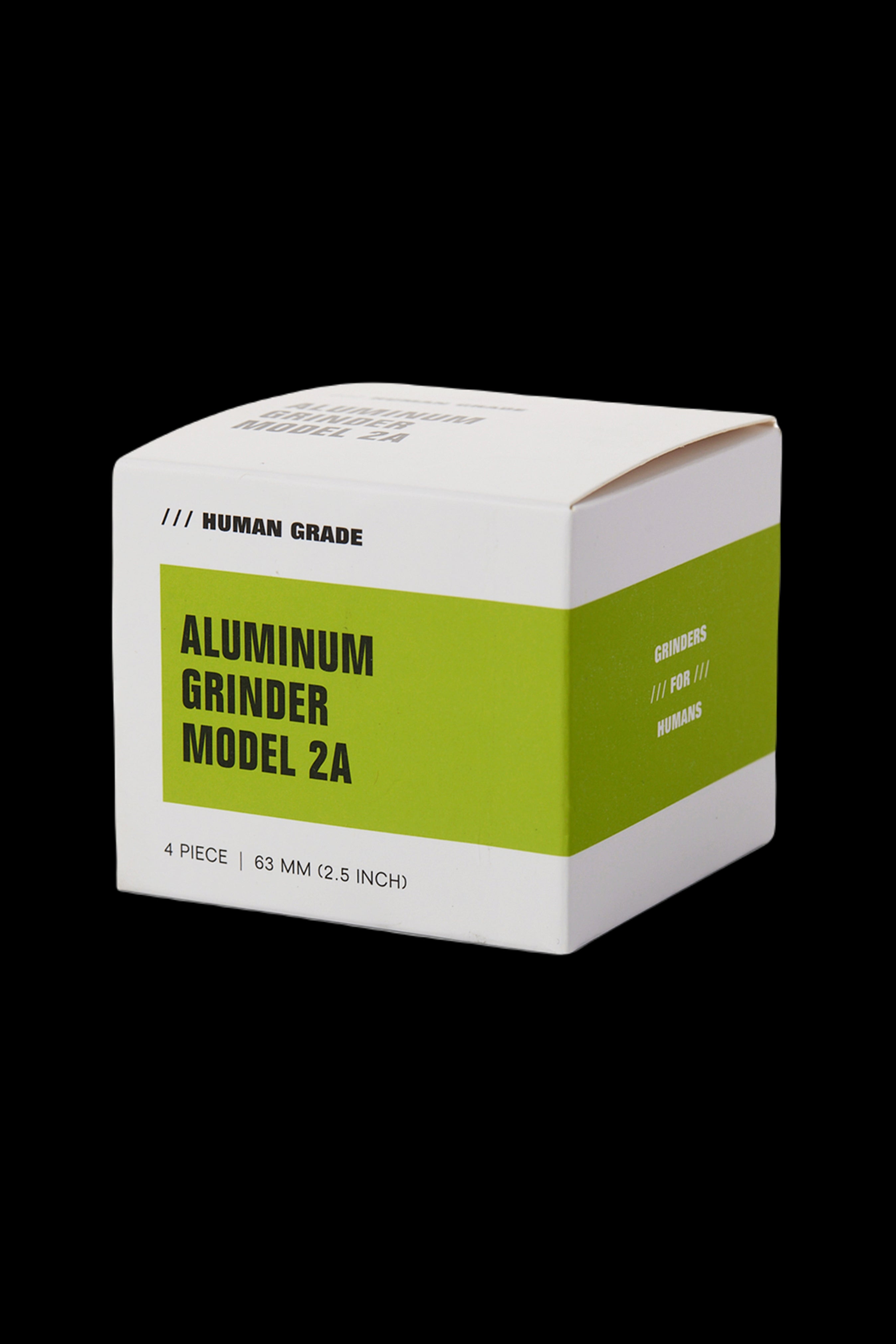 Close-up of a green and yellow aluminum cannabis grinder box labeled "Model 2A" and "Human Grade".