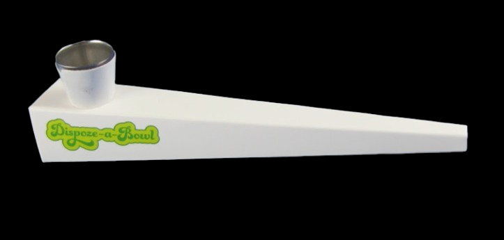 White “Dispoze-a-Bowl” one-hitter with green lettering against a black background.