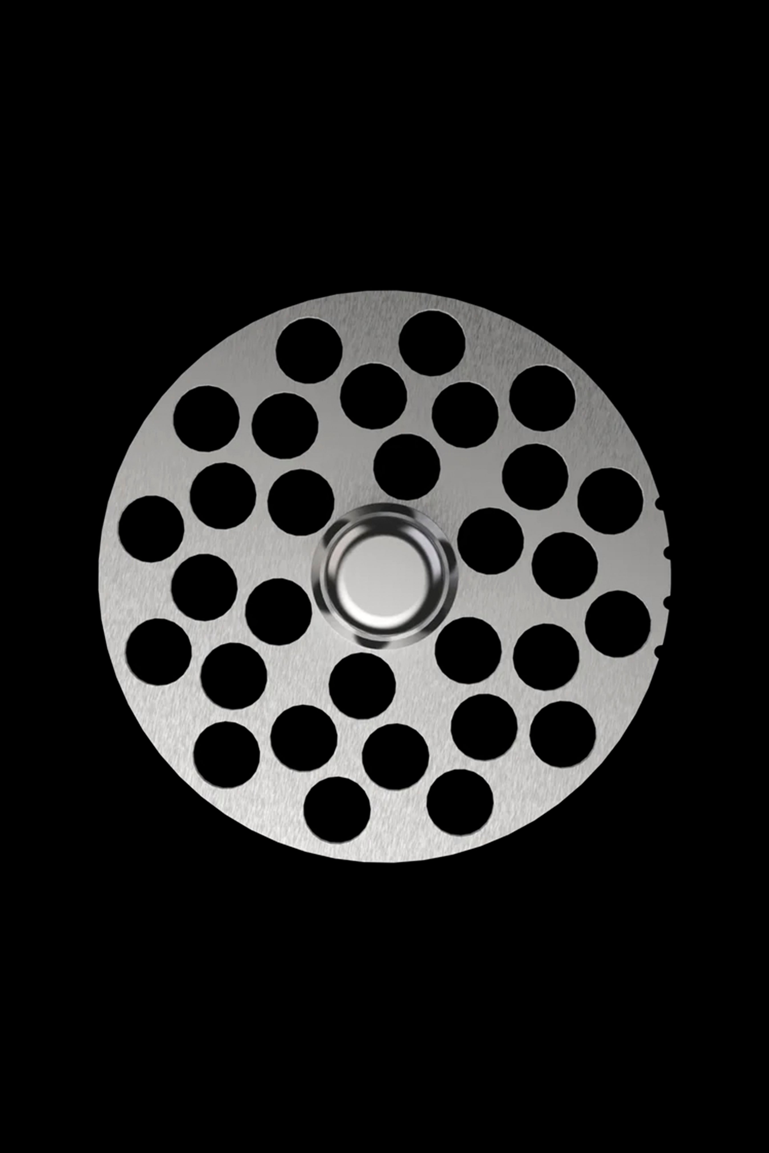 Metal smoking bowl screen with numerous circular perforations.