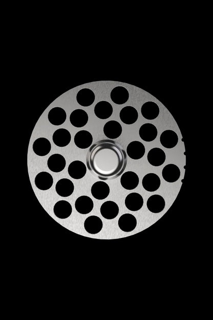 Metal smoking bowl screen with numerous circular perforations.