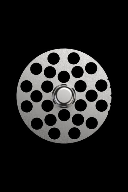 Metal grinder plate with numerous circular holes.