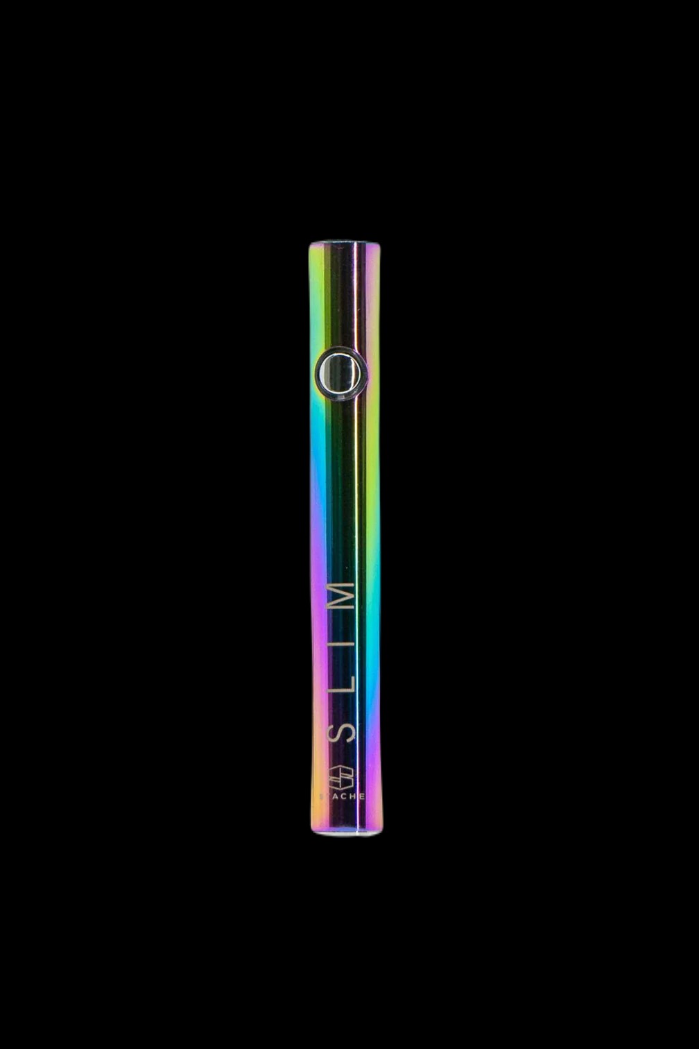 Iridescent cannabis oil vape pen against a black background.
