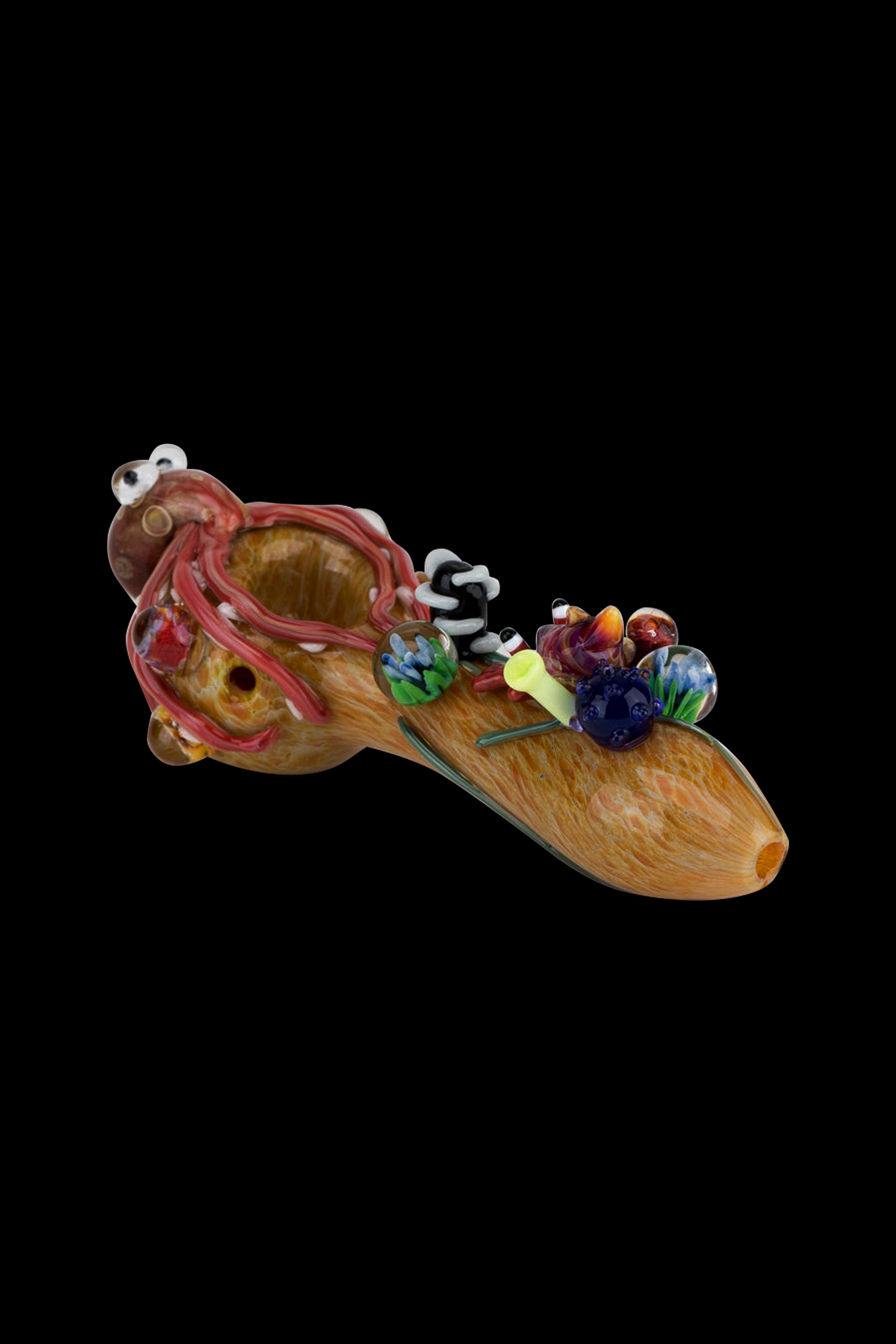 Hand-blown glass pipe with intricate red and orange swirls, adorned with colorful glass bubbles and accents.