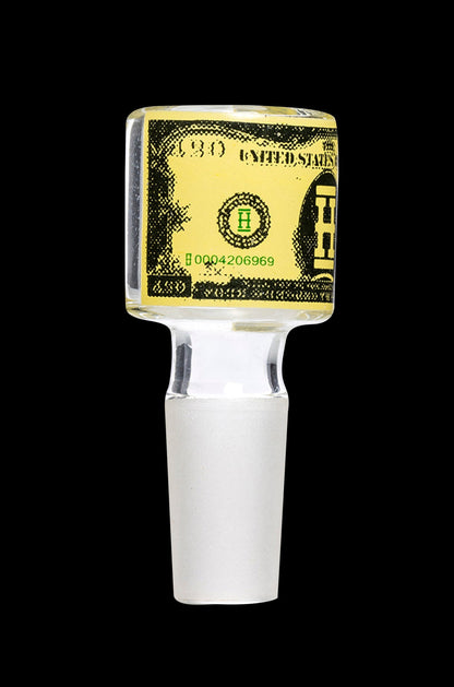 Close-up front view of the Hemper Dollar Glass Flower Bowl showing a yellow dollar-print decal wrapped around the clear glass head against a black background