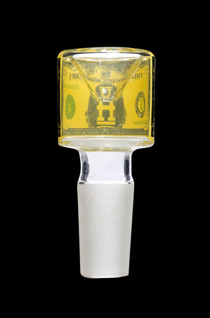 Close-up front view of the Hemper Dollar Glass Flower Bowl showing a yellow dollar-bill design inside clear glass against a black background