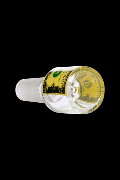 Angled close-up of the Hemper Dollar Glass Flower Bowl showing its clear glass body and yellow dollar-print decal against a black background