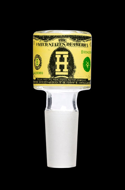 Close-up front view of the Hemper Dollar Glass Flower Bowl showing a yellow dollar-print band with a black "H" emblem on clear glass.