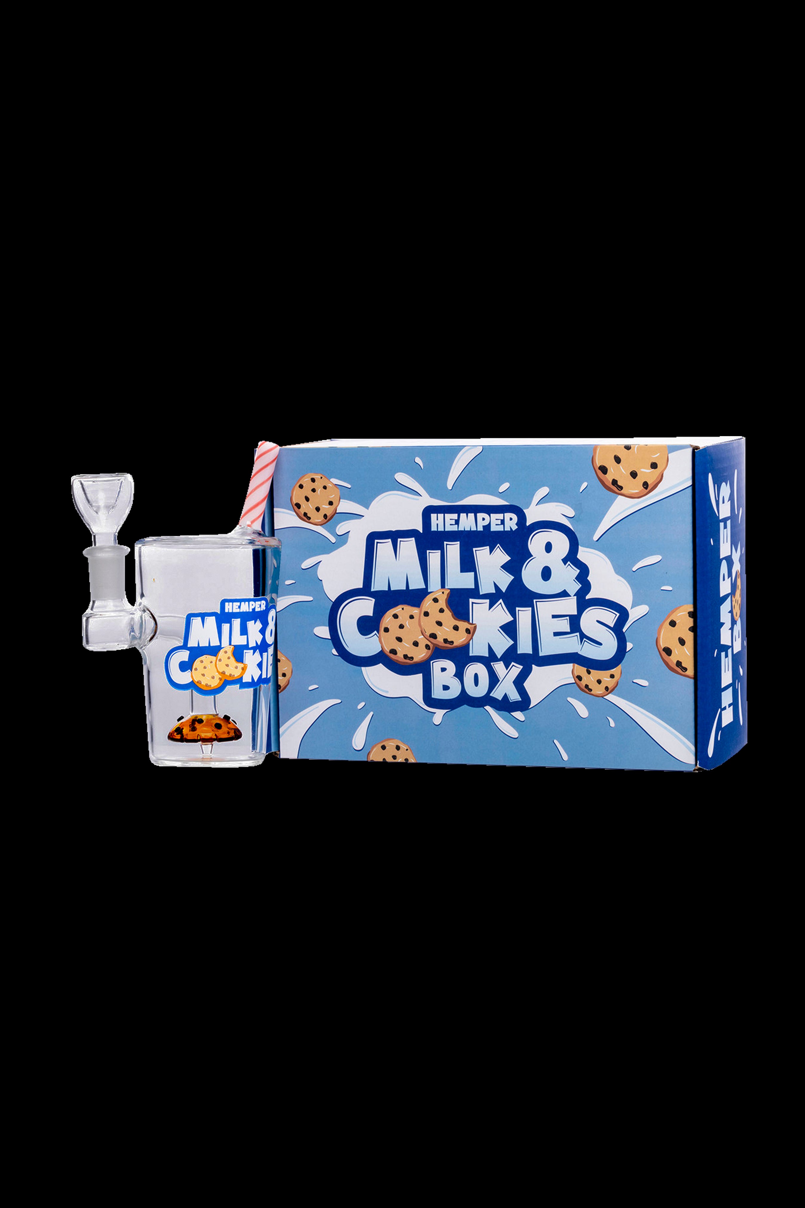 Hemper “Milk & Cookies” box set featuring a clear glass bubbler and packaging decorated with chocolate chip cookies.