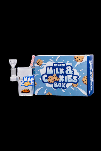 Hemper “Milk & Cookies” box set featuring a clear glass bubbler and packaging decorated with chocolate chip cookies.