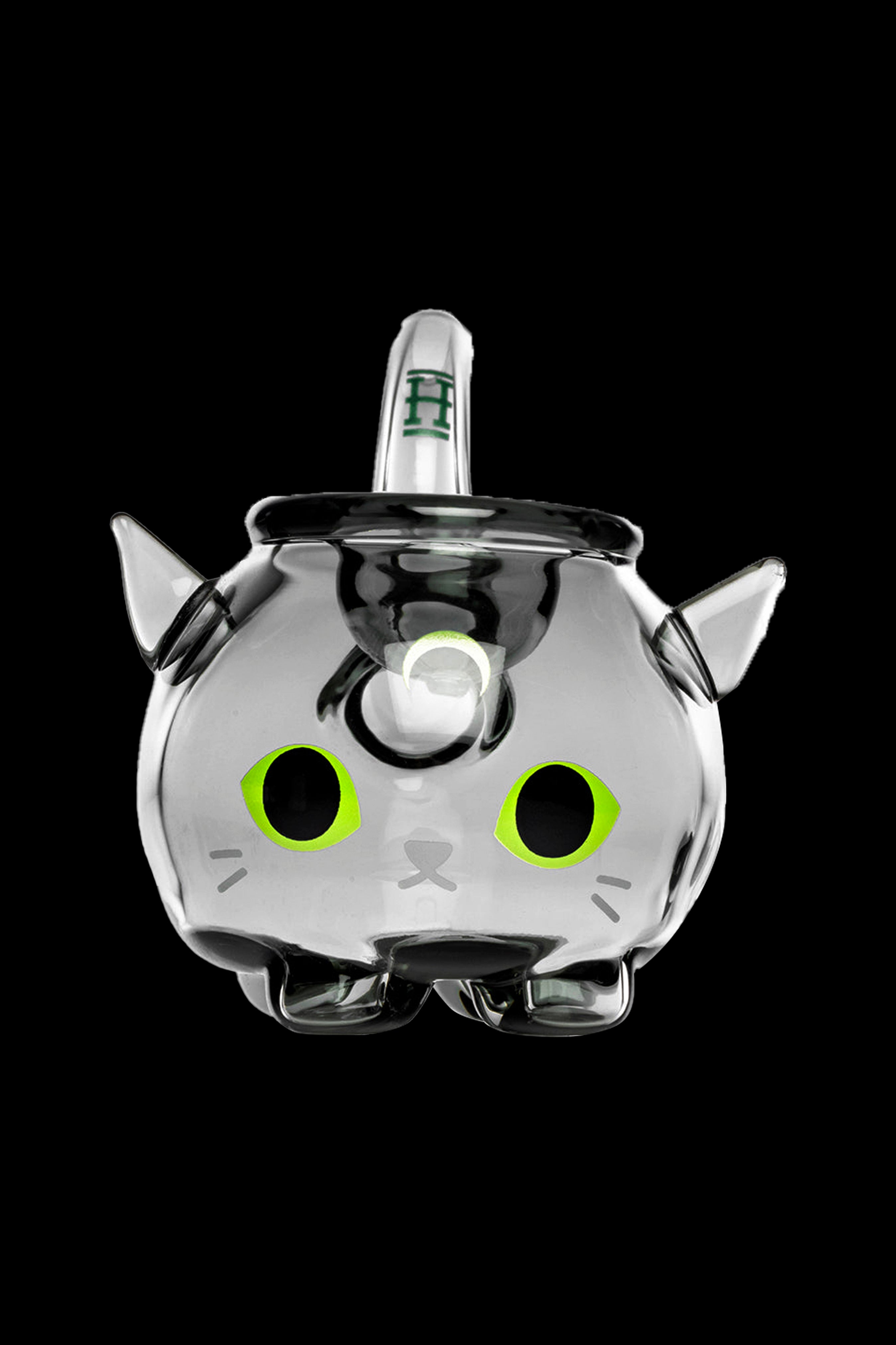 Silver glass rig shaped like a cartoon cat's head with glowing green eyes, against a black background.