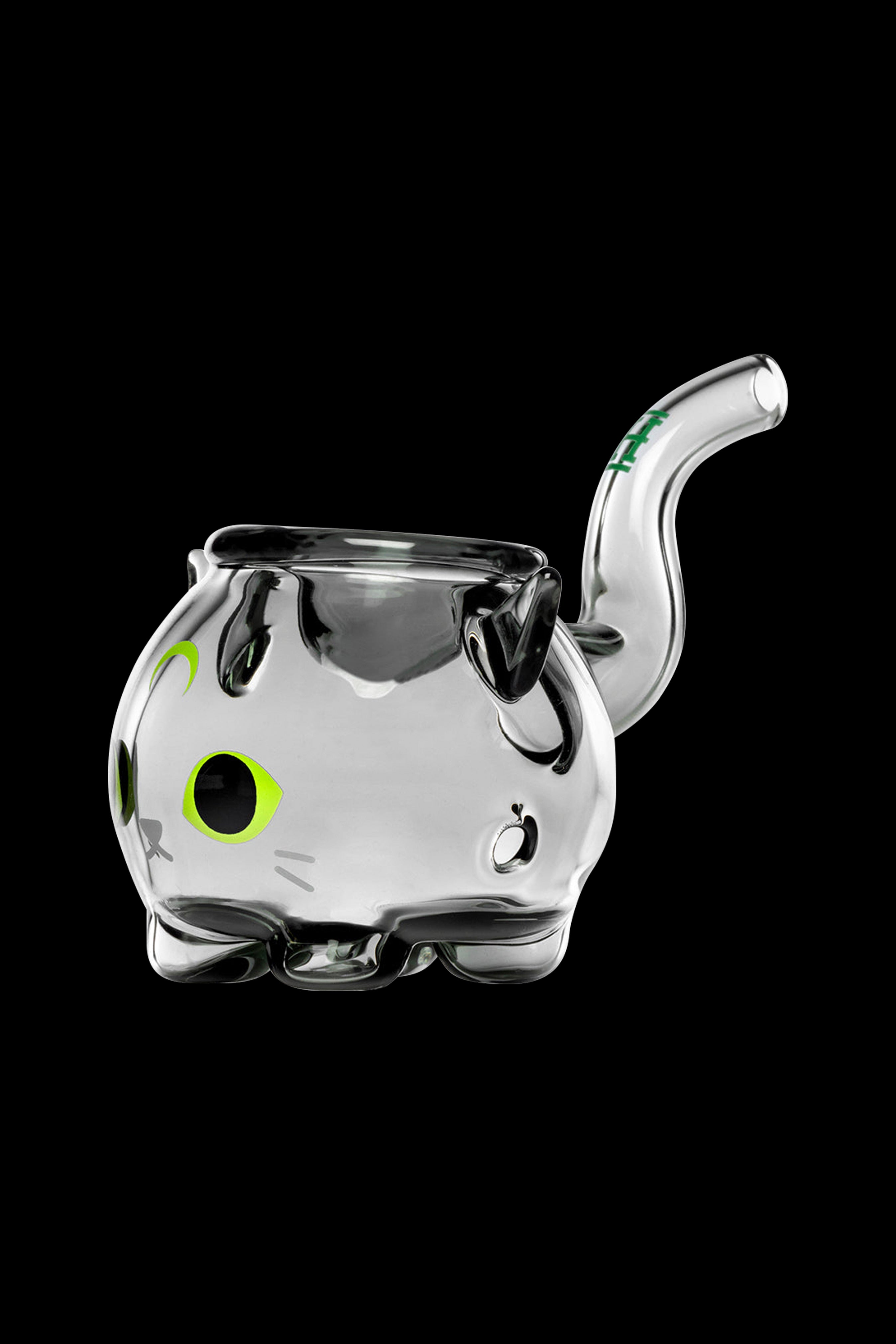 Clear glass water pipe shaped like a cartoon fish with green and black accents, against a black background.